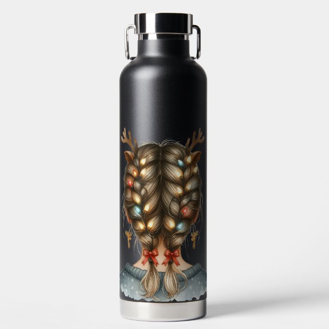 FRAU MIT BUNTEN WEIHNACHTSLICHTERN IM HAAR TRINKFLASCHE (Vorderseite)