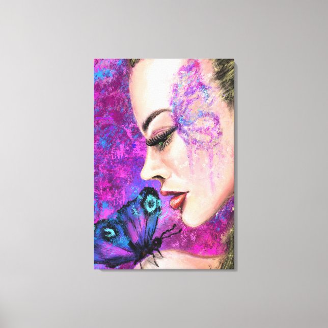 Frau mit Butterfly-Leinwand Leinwanddruck (Vorderseite)