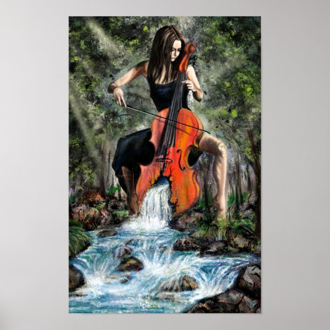 Frau mit Cello in Nature Poster - Malerei (Vorne)