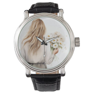 Frau mit Daisy Bouquet Armbanduhr