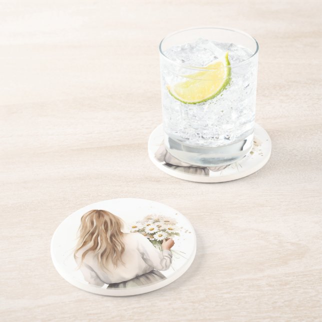 Frau mit Daisy Bouquet Getränkeuntersetzer (Seite)