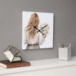 Frau mit Daisy Bouquet Quadratische Wanduhr