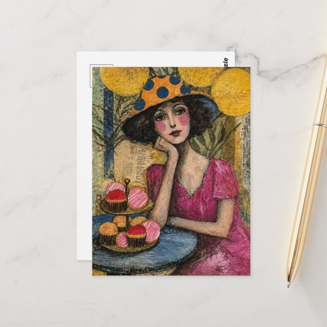 Frau mit Dessert-Collage Postkarte (Vorderseite/Rückseite Beispiel)