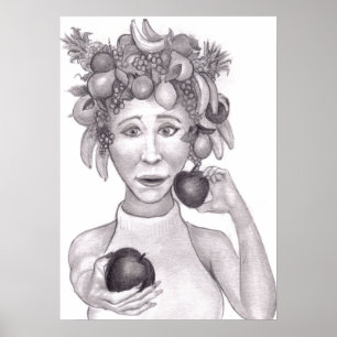 Frau mit einem Hut aus Obst, das dem Betrachter an Poster
