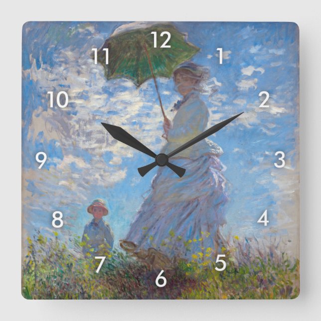 Frau mit einem Parasol, Monet Quadratische Wanduhr (Vorderseite)
