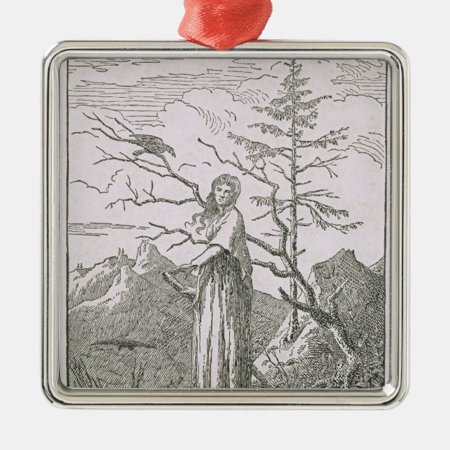 Frau mit einem Raben, am Rand eines Abgrundes Ornament Aus Metall (Vorne)