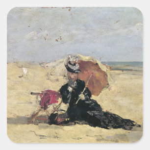 Frau mit einem Sonnenschirm auf dem Strand, 1880 Quadratischer Aufkleber