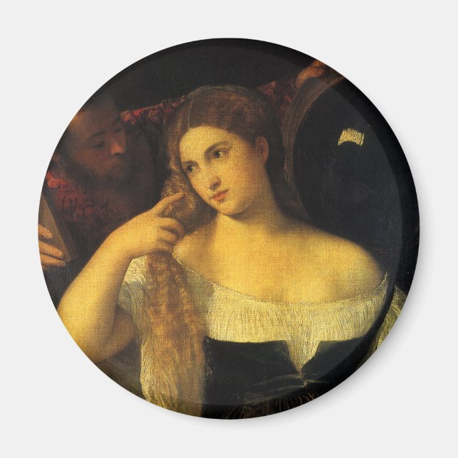 Frau mit einem Spiegel von Tizian, Vintage Renaiss Magnet (Vorne)