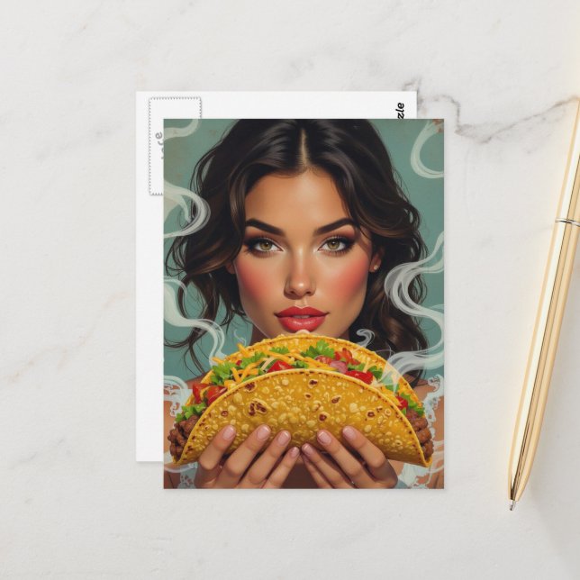 Frau mit einem Taco Postkarte (Vorderseite/Rückseite Beispiel)