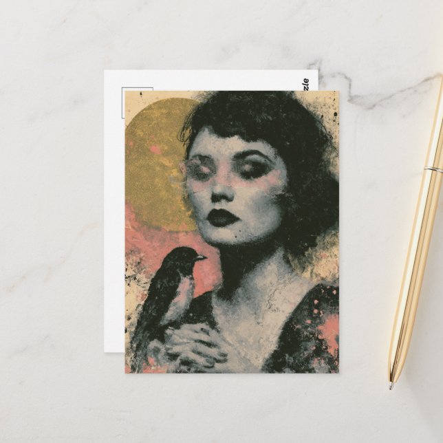 Frau mit einem Vogel Postkarte (Vorderseite/Rückseite Beispiel)