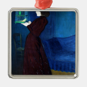 Frau mit einem Vogelkäfig Silbernes Ornament