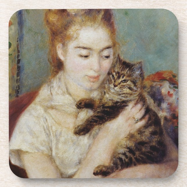 Frau mit einer Katze durch Pierre-Auguste Renoir Untersetzer (Vorderseite)