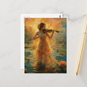 Frau mit einer Violine im Lilienteich Postkarte