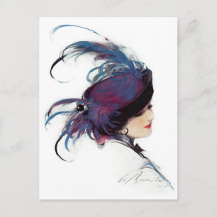 Frau mit elegantem blauen Federhut Postkarte