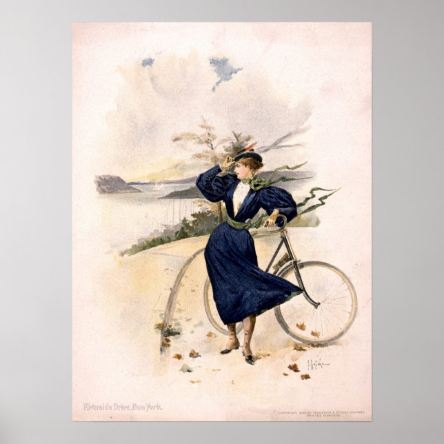 Frau mit Fahrrad am Riverside Drive, New York Poster (Vorne)