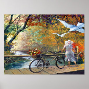 Frau mit Fahrrad auf hölzerner Brücke Kunst Poster