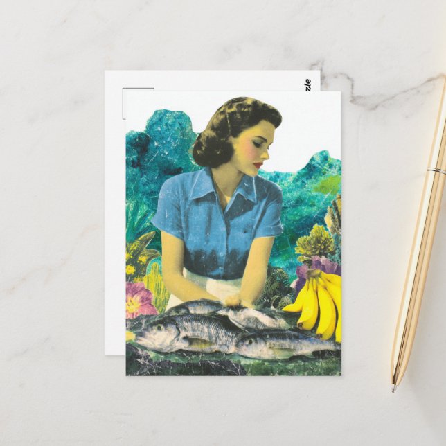 Frau mit Fisch und Bananen Postkarte (Vorderseite/Rückseite Beispiel)