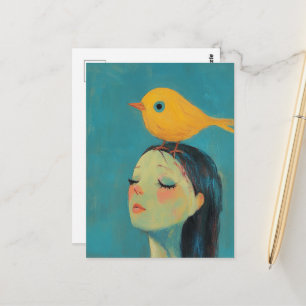 Frau mit gelbem Vogel auf dem Kopf Postkarte