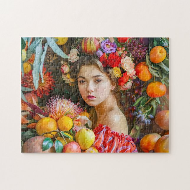 Frau mit gemischten Früchten und Blumendekor Puzzle (Horizontal)