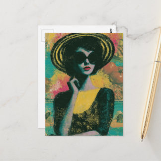 Frau mit gestreifter Sonnenblume Sommer Spaß Postkarte