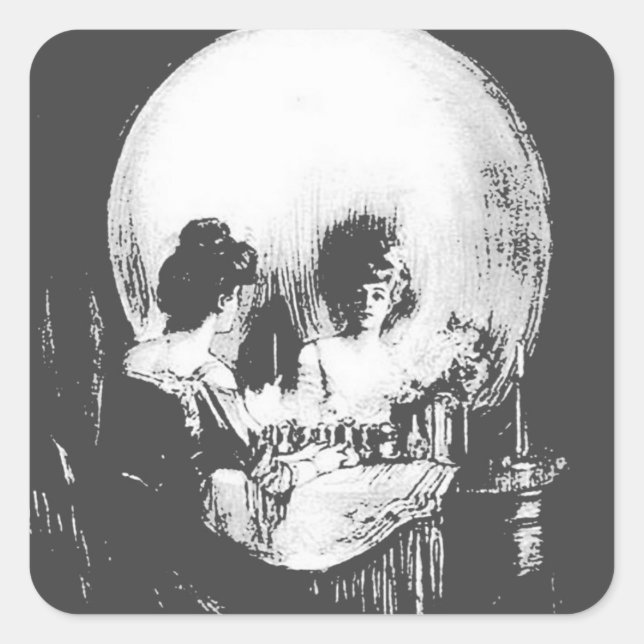 Frau mit Halloween-Reflektion im Spiegel Quadratischer Aufkleber (Vorderseite)