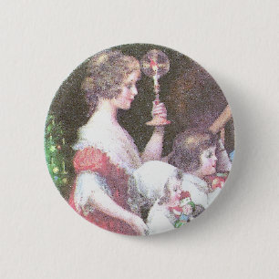 Frau mit Haloed Kerzen-Vintagem Weihnachten Button