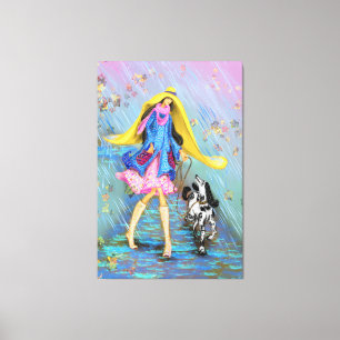 Frau mit Hund im Regen Leinwanddruck Herbst