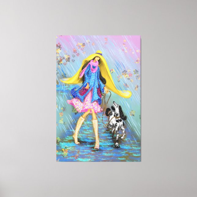 Frau mit Hund in Regen Canvas Print Herbst Leinwanddruck (Vorderseite)