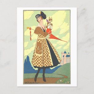 Frau mit Hund Vintage Postkarte