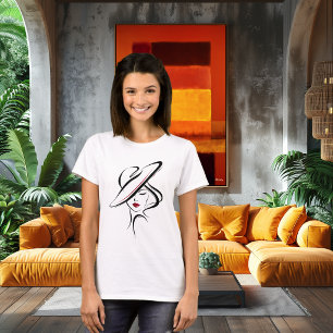 Frau mit Hut Linienkunst Beschreibung T-Shirt