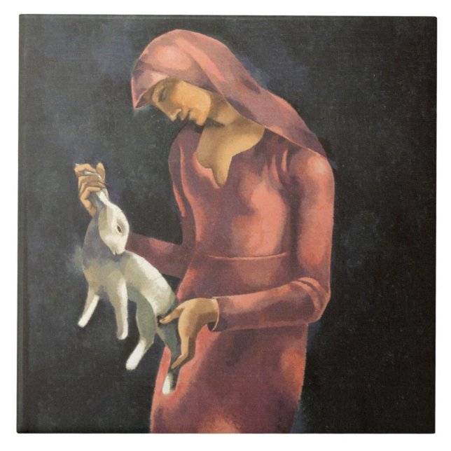 Frau mit Kaninchen Fliese (Vorderseite)