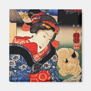 Frau mit Katze - japanische Kunst - Utagawa Magnet
