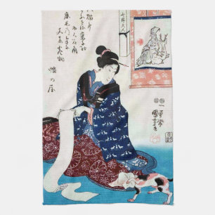 Frau mit Katze und Schriftrolle, Kuniyoshi Geschirrtuch