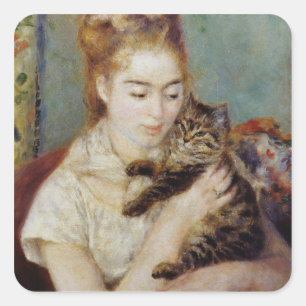 Frau mit Katze von Pierre-Auguste Renoir Quadratischer Aufkleber
