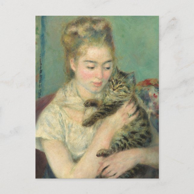 Frau mit Katze von Renoir Impressionist Art Postkarte (Vorderseite)