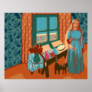 Frau mit Katze zu Hause am Meeressonnenlicht glück Poster