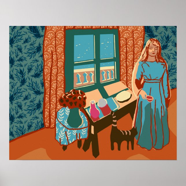 Frau mit Katze zu Hause am Meeressonnenlicht glück Poster (Vorne)