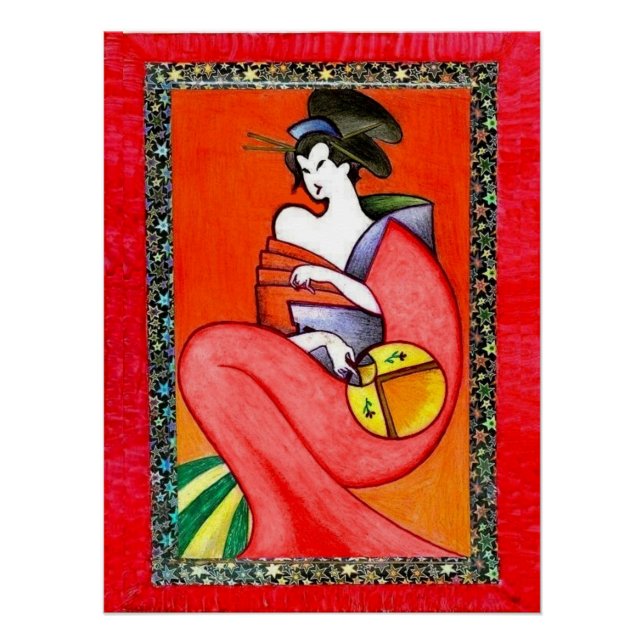 Frau mit Kimono-Print Poster  (Vorderseite)