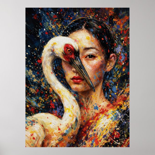 Frau mit Kranich Vogel Farbiger Spritzer Poster (Vorne)