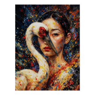 Frau mit Kranich Vogel Farbiger Spritzer Poster