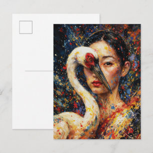 Frau mit Kranich Vogel Farbiger Spritzer Postkarte