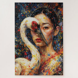 Frau mit Kranich Vogel Farbiger Spritzer Puzzle