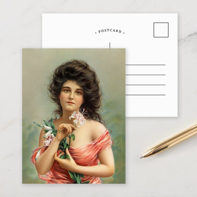 Frau mit Lily | Louis Prang & Co. Postkarte (Von Creator hochgeladen)