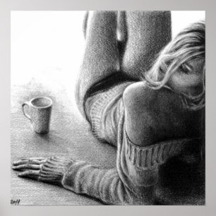 Frau mit Morgencaffee Bleistiftzeichnung Kunst Poster