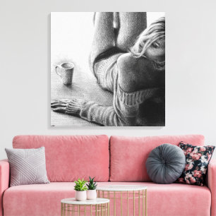 Frau mit Morgenkaffee Stift zeichnend Kunst Leinwanddruck