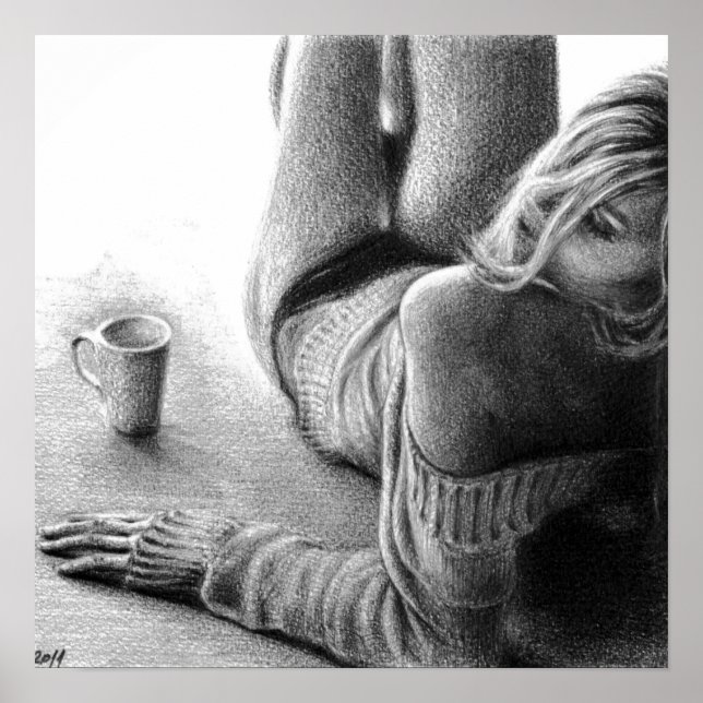 Frau mit Morgenkaffee Stift zeichnend Kunst Poster (Vorne)