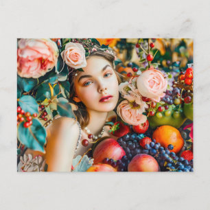 Frau mit Obst und floraler Rosendekoration Postkarte
