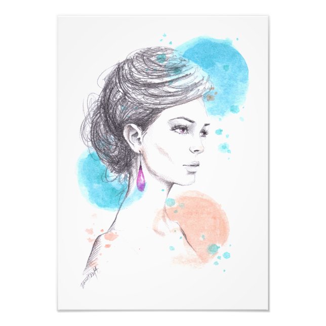 Frau mit Ohrring Mode Illustrations-Skizze Fotodruck (Vorne)