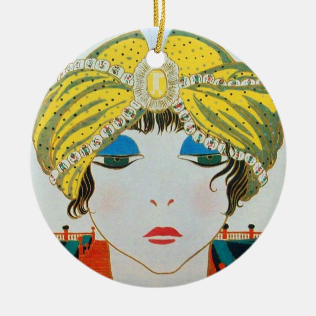 FRAU MIT ORIENTAL YELLOW TURBAN / BLAUE SAPPHIRE KERAMIKORNAMENT (Vorne)