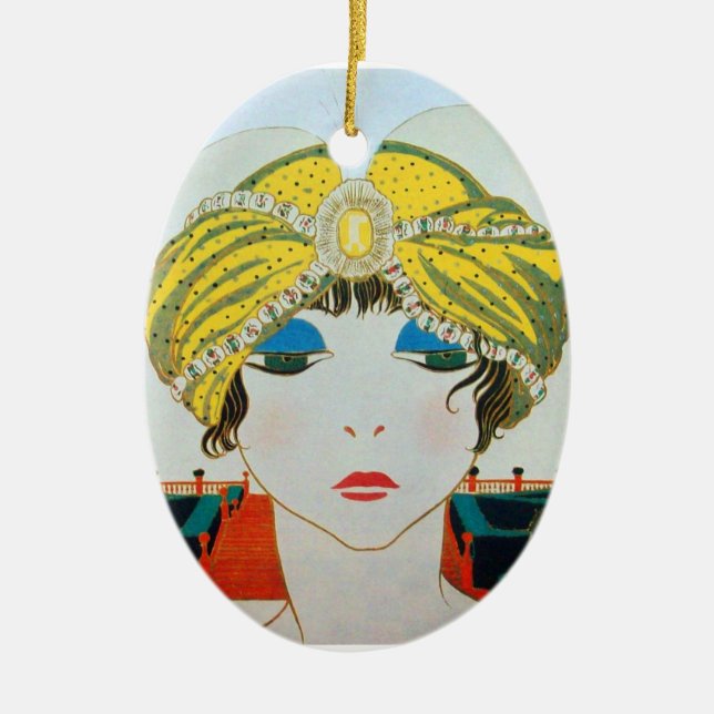 FRAU MIT ORIENTAL YELLOW TURBAN / BLAUE SAPPHIRE KERAMIKORNAMENT (Vorne)